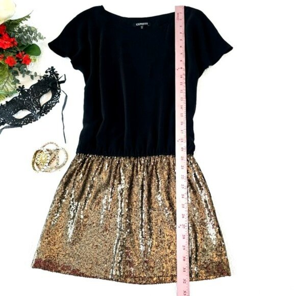 Express Women's Mini Dress Size XS Black Gold Sequins Cocktail Party Evening - Picture 6 of 14